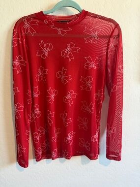 Red Floral Sheer Long-Sleeve Top with bows